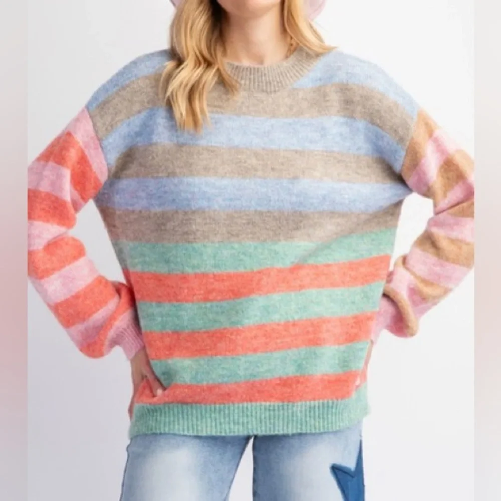 Easel Multicolor Striped Crew Neck Sweater - Picture 1 of 9